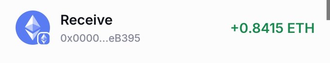 A simple transaction notification shows a received amount of '+0.8415 ETH' from an Ethereum address '0x0000...eB395' with a blue circular icon.