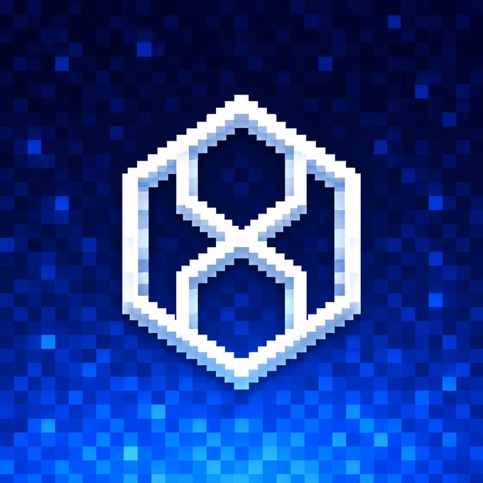 A pixel art style logo featuring a white stylized 'K' or hexagonal symbol on a blue checkered background.