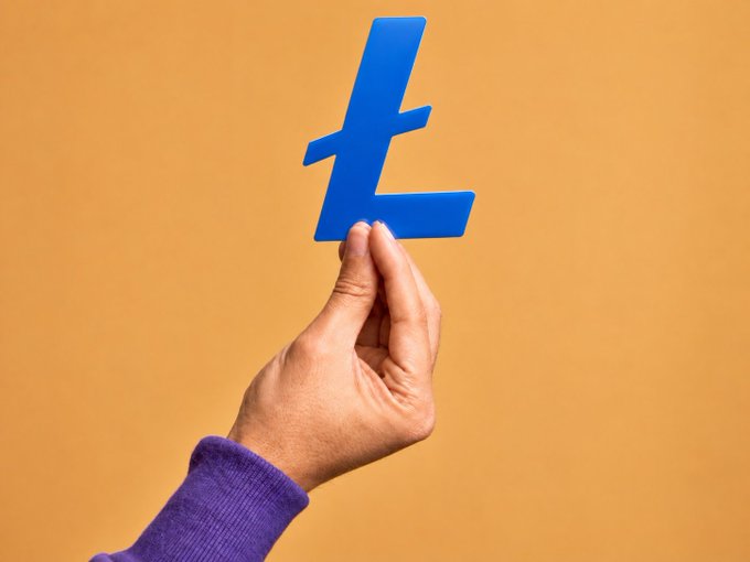 A hand wearing a purple sleeve holds up a blue cutout of the Litecoin (Ł) symbol against a solid orange background, with the prominent "Ł" symbol directly representing the cryptocurrency mentioned in the caption.