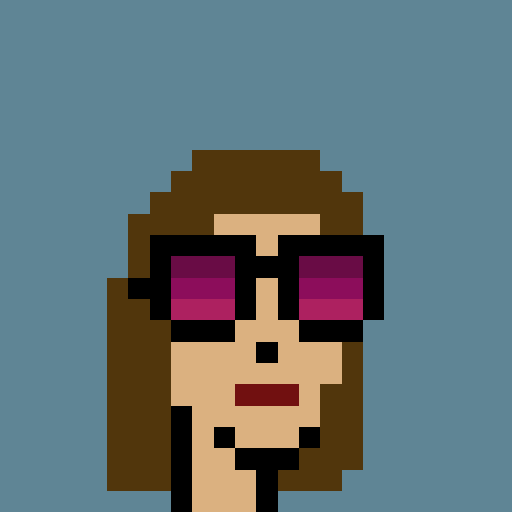 A pixel art illustration of a woman with brown hair wearing large purple-tinted sunglasses against a blue background.