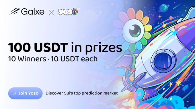 A promotional banner for 'Galxe x Yoso' announcing '100 USDT in prizes' with '10 Winners · 10 USDT each' and a 'Join Yoso' button, featuring colorful space-themed artwork with a rocket and flower.