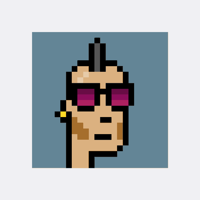 Pixel-art CryptoPunk-style character with a mohawk, purple sunglasses, and earring on a blue background.