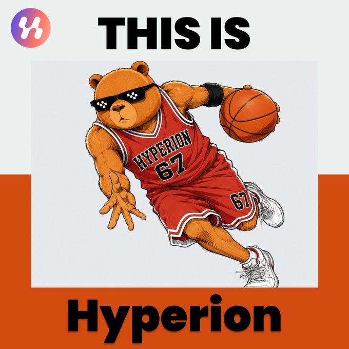An illustrated brown bear wearing pixelated sunglasses, dribbling a basketball in a red "Hyperion 67" jersey, displayed above the text "THIS IS" and below "Hyperion." The image serves as a branded graphic for Hyperion's weekly news recap, with the bear mascot embodying the "Hyperion Yield of the Week" featured in the post.