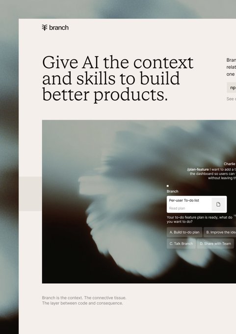 A Branch marketing webpage with the headline 'Give AI the context and skills to build better products' alongside a per-user to-do list interface and descriptive text below.