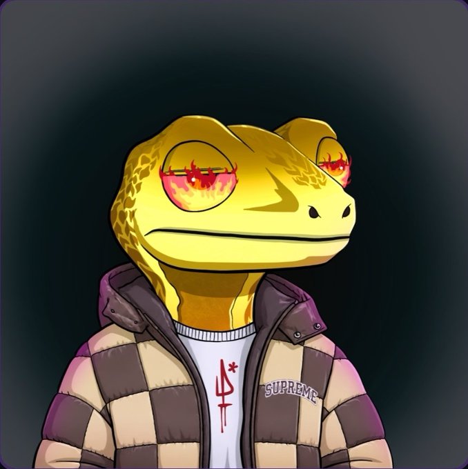 A digital illustration depicts a humanoid frog character with fiery red eyes wearing a purple Supreme puffer jacket over a white shirt with a red symbol.