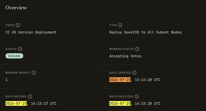 A dark interface shows "Overview" details for "IC OS Version Deployment" with status "Executed" and dates from 2026-07-25.