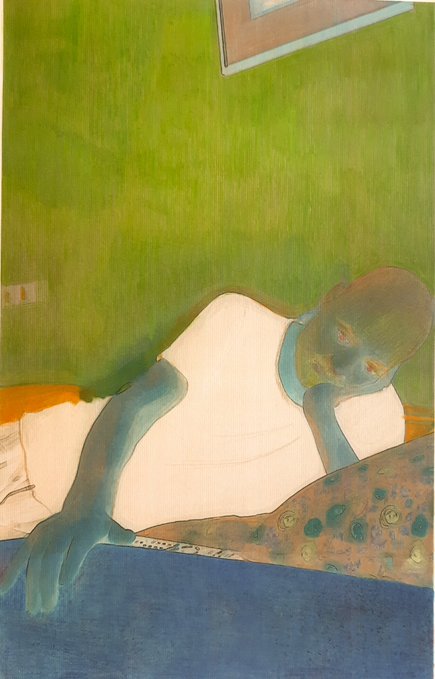 A stylized painting shows a reclining figure with blue-toned skin and a green-hued face resting against a pillow, set against a vibrant green wall with a blue surface below. The melancholic composition, featuring a faded, ghostly figure and the partial word "BEATHE" visible on the pillow, visually echoes the post's poignant message about a father fading from dementia—his presence lingering even as he slips away.