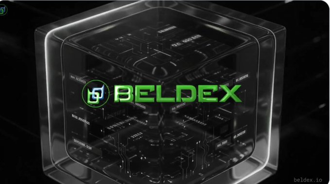 A dark tech-styled promotional graphic features the green 'BELDEX' logo and ticker over a transparent circuit board cube, with 'beldex.io' in the corner.
