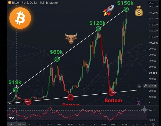 A Bitcoin/USD monthly chart from Bitstamp shows BTC's historical price action with annotations marking key levels: $19k, $69k, $126k, and a projected $150k on an upward trendline, while bottoms are highlighted near $10k and $15k levels, contextualizing the current $58k long order zone mentioned in the post as a critical support the bulls are defending.