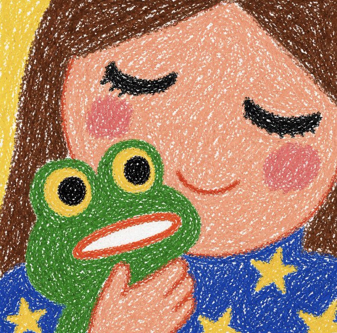 A child with closed eyes and rosy cheeks tenderly hugs a green frog plushie, drawn in a colorful crayon-style illustration with a blue starry shirt and yellow background. The whimsical artwork reflects the heartwarming, nostalgic theme of the "Starlight Snuggle" NFT sold for Ξ0.01895 ETH.