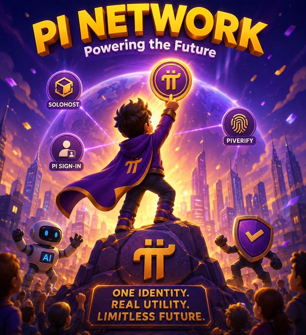 A vibrant promotional poster for Pi Network features a cape-clad hero holding the Pi symbol above a futuristic city skyline, with featured icons for "SOLOHOST," "PIVERIFY," and "PI SIGN-IN" surrounding him. Taglined "Powering the Future" and "One Identity. Real Utility. Limitless Future," the image visually reinforces the post's message that Pi2Day 2026 marked a strategic shift toward a broader digital infrastructure ecosystem beyond Pi Coin itself.