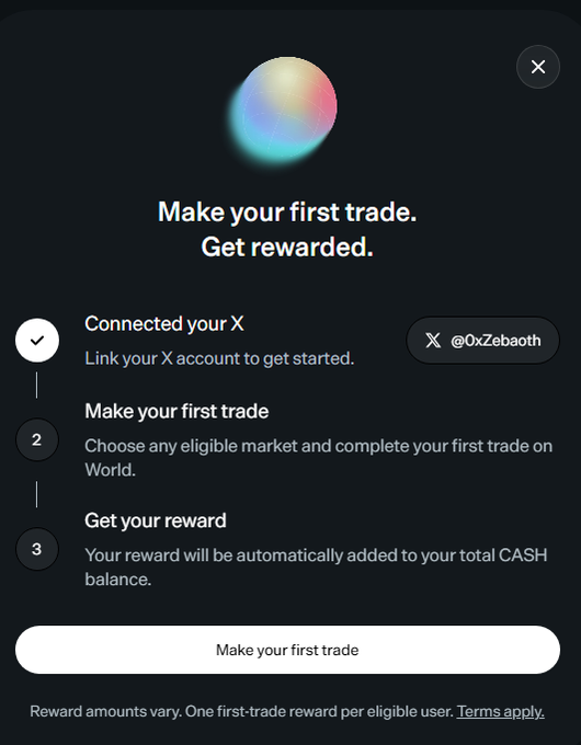 A dark-themed popup titled 'Make your first trade. Get rewarded.' displays three steps for connecting an X account and trading, with the X handle @0xZebaoth visible.