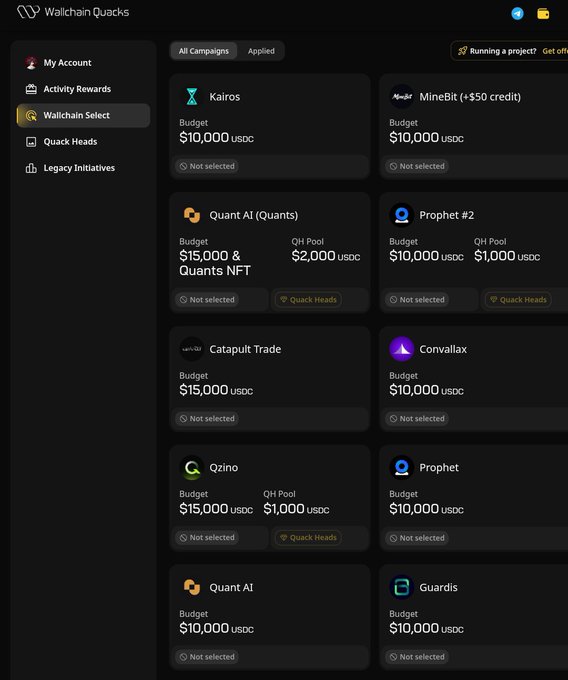 A dashboard showing 'Wallchain Select' campaigns including Kairos, MineBit, Quant AI (Quants), Prophet #2, Catapult Trade, Convallax, Qzino, Prophet, Quant AI, and Guardis with budgets ranging from $10,000 to $15,000 USDC.