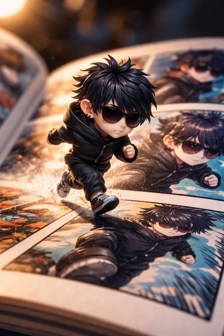 A chibi-style figurine of a cool anime boy with black hair, sunglasses, and an all-black outfit appears to leap energetically off a series of vibrant comic-book panels of himself, capturing the bold, confident "gm frens" morning vibe. The dynamic, action-packed pose mirrors the upbeat, pumped-up energy of wishing friends a productive day.