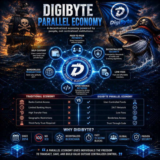 The image features a vibrant infographic that outlines the concept of a parallel economy, which allows individuals to control their own money, transactions, and financial freedom, without relying on centralized banks or governments. This new form of currency would give people greater control over their finances and reduce their dependence on institutions like banks. The infographic also provides detailed information about DigiByte, including how it will enable users to manage their finances more efficiently by utilizing secure digital wallets, peer-to-peer transactions, and innovative blockchain technology for fast settlements.