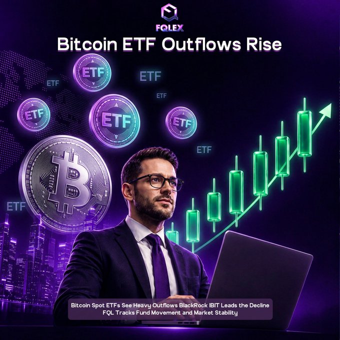 The image depicts a man working at his computer with a large monitor, likely using an Laptop as he looks up at a series of Bitcoin symbols that are floating in front of him from below eye level. In addition to this main scene featuring the man and laptop, there is a large purple cloud symbol in the upper left corner of the image which is related to Bitcoin fluctuations over time. The post also discusses how Bitcoin ETFs will see heavy outflows rise as Bitcoin spot ETFs lead the decline, using Bitcoin's fluctuations over time as an example.