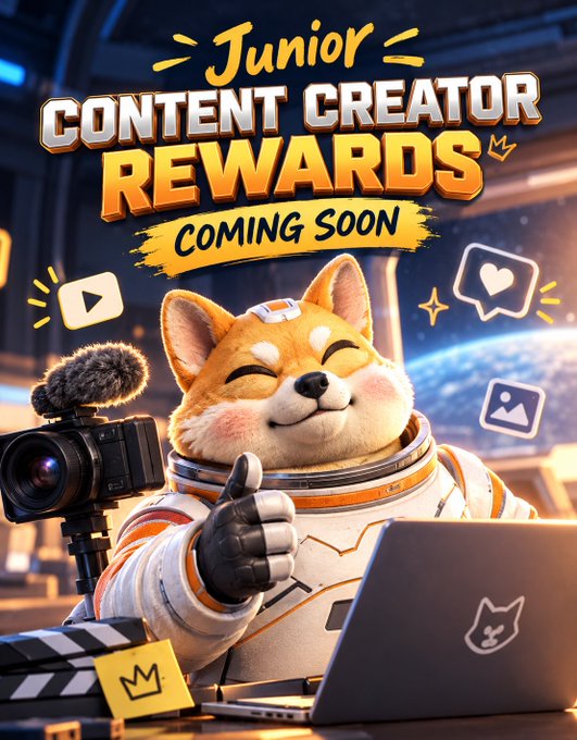 A cheerful Shiba Inu astronaut gives a thumbs-up while filming with a camera and laptop, surrounded by social media icons and a clapperboard. Bold text reads "Junior Content Creator Rewards — Coming Soon," tying into the post's teaser about an upcoming creator rewards program where friends can tag each other to start making content.