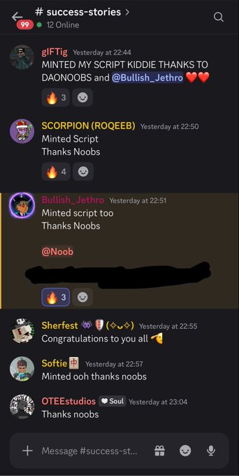 A screenshot of a Discord channel named '#success-stories' where members like glFTig, SCORPION, and Bullish_Jethro are thanking 'Noobs' for helping them mint scripts.