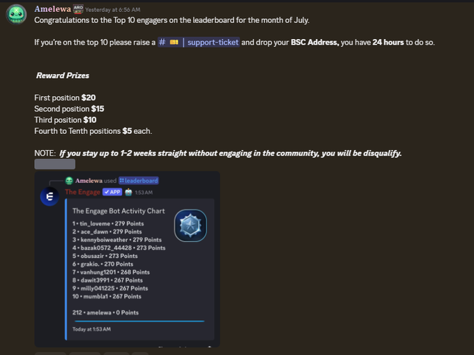 A Discord message from 'Amelewa' congratulating the Top 10 engagers on the leaderboard for July, listing reward prizes from $20 for first to $5 each for fourth to tenth, with a screenshot of 'The Engage Bot Activity Chart'.