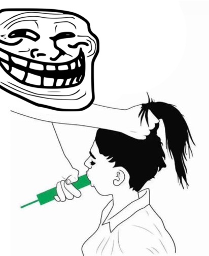 A black and white cartoon illustration of a troll face holding a syringe to a young girl's head while grabbing her ponytail.