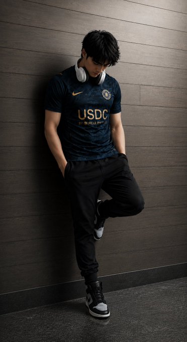 A person leans against a wooden-paneled wall wearing a dark blue Nike Chelsea FC soccer jersey with 'USDC' and 'Circle' text in gold lettering, paired with black joggers and Jordan sneakers, with white headphones around their neck.