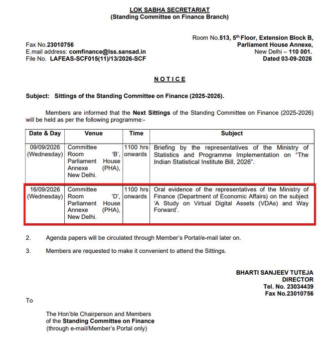The image shows an official Lok Sabha Secretariat notice dated 03-09-2025 from the Standing Committee on Finance Branch, announcing a committee sitting on **16/09/2026 (Wednesday) at 1100 hrs** in Committee Room 'D', PHA, New Delhi. The highlighted agenda item concerns **oral evidence from the Ministry of Finance (Department of Economic Affairs) on "A Study on Virtual Digital Assets (VDAs) and Way Forward,"** directly corroborating the post's claim that India is bringing crypto back under parliamentary review.