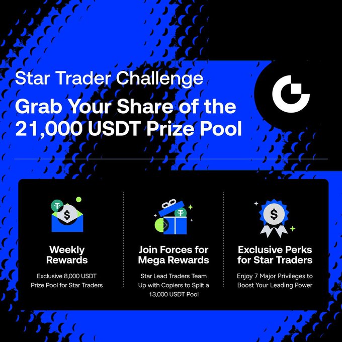 The image has an advertisement for a Star Trader Challenge that rewards traders based on their performance with either $8,000 or $6,000 cash prizes depending on their winning strategies. The background of the image features blue dots arranged in various shapes and sizes across the entire surface, which gives it a unique visual appeal and resembles the night sky. The poster is posted against this backdrop featuring three different options for traders to win either cash, shares or both with the trader offering a better deal. These options are depicted using symbols on a white background, including $8,000 for Cash and $6,000 for Shares; in addition, there is a trophy pool symbolizing the prize pool that will be shared among all winners.