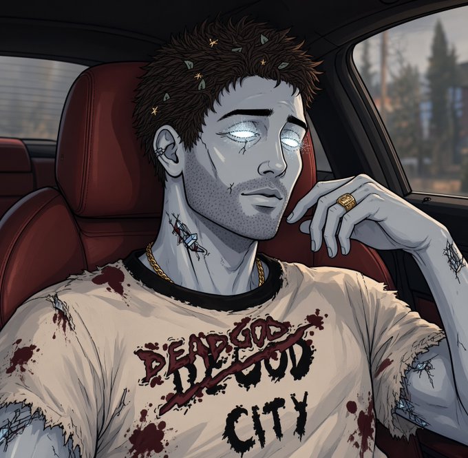 An illustration of a pale, zombie-like anime character with glowing white eyes sitting in a car, wearing a 'PEACE GOD NOT GOD CITY' t-shirt.