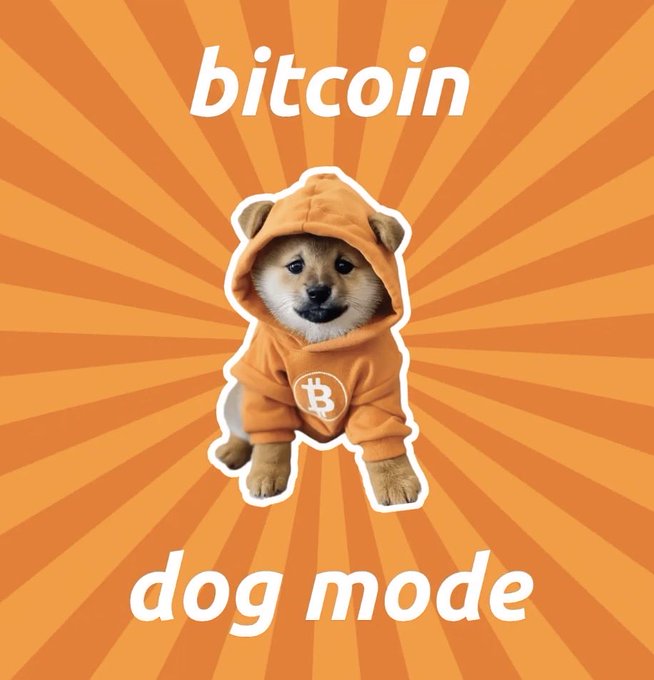 A graphic featuring a Shiba Inu puppy wearing an orange hoodie with the Bitcoin logo, set against a sunburst background with the text 'bitcoin' and 'dog mode'.
