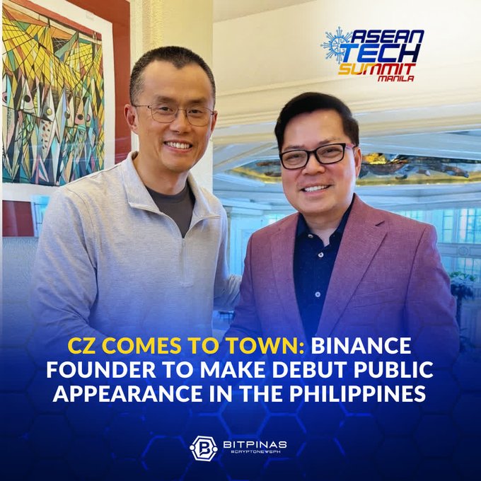 A promotional graphic featuring two men with the text "CZ COMES TO TOWN: BINANCE FOUNDER TO MAKE DEBUT PUBLIC APPEARANCE IN THE PHILIPPINES," branded with the "ASEAN TECH SUMMIT MANILA" logo and "BITPINAS" watermark.