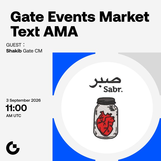 Promotional graphic for a "Gate Events Market Text AMA" featuring guest Shakib (Gate CM) on September 3, 2026 at 11:00 AM UTC, showing a jar illustration with the word "Sabr." and a heart inside, alongside Gate logo, to advertise the Twitter AMA with an airdrop giveaway for participants.