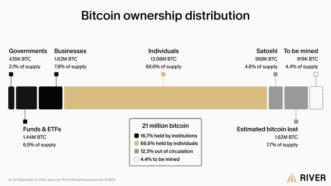 An infographic titled 'Bitcoin ownership distribution' shows that individuals hold 66.6% of supply (13.98M BTC), businesses 7.8%, funds & ETFs 6.9%, and governments 2.1%, with an estimated 7.7% lost; sourced from 'River, Bitcoin Treasuries.net, BitMEX' as of September 8, 2025.