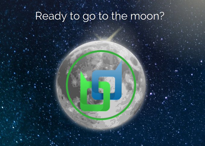 A promotional graphic showing a green and blue logo over a full moon with stars in the background, accompanied by the text "Ready to go to the moon?"