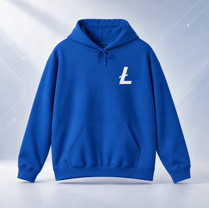 A royal blue pullover hoodie is displayed against a light gradient background, featuring a stylized white 'L' logo on the chest and a front kangaroo pocket.