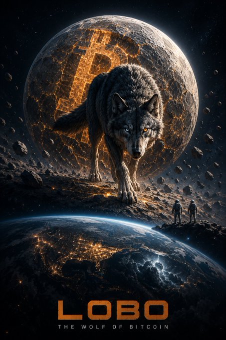 A movie poster-style image titled 'LOBO: THE WOLF OF BITCOIN' depicting a wolf standing on a rocky moon-like surface with a Bitcoin symbol in the background and Earth below.