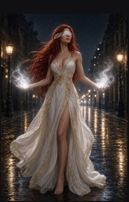 A digital artwork of a red-haired woman in a flowing white and gold gown with a blindfold, standing on a wet city street at night with glowing mist in her hands.
