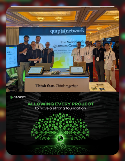 A split promotional image featuring a group photo at the 'qunp network' booth reading 'Think fast. Think together.' on top, and 'CANOPY - ALLOWING PROJECT to have a strong foundation' on the bottom.