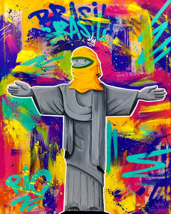 A graffiti-style artwork depicting the Christ the Redeemer statue with a yellow hood and sunglasses, set against a vibrant multicolored background with 'BRASIL' and 'RIO' text.