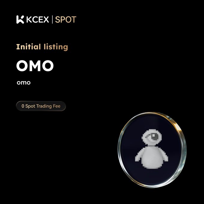 A promotional graphic for KCEX Spot announcing an 'Initial listing' of 'OMO' with '0 Spot Trading Fee', featuring a pixelated ghost-like character in a glass orb.
