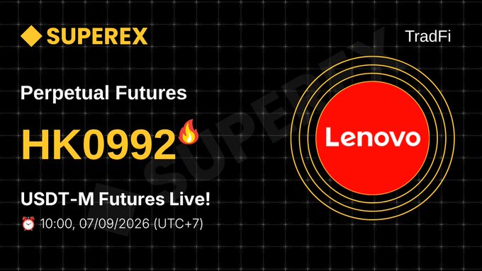 A promotional graphic for SUPEREX announcing the launch of Perpetual Futures for HK0992 (Lenovo) on USDT-M, scheduled for 10:00, 07/09/2026 (UTC+7).