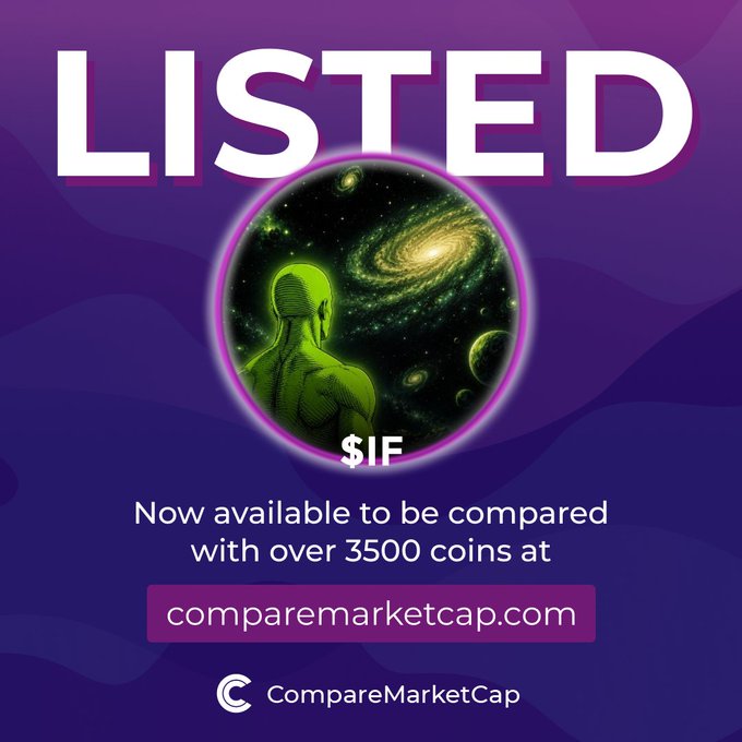 The image is a promotional graphic announcing that "$IF" has been listed on comparemarketcap.com, featuring a green alien gazing at a galaxy and stating the coin is "Now available to be compared with over 3500 coins." This relates to the post by showcasing the listing milestone and providing a visual representation of the What If token's space-themed branding.