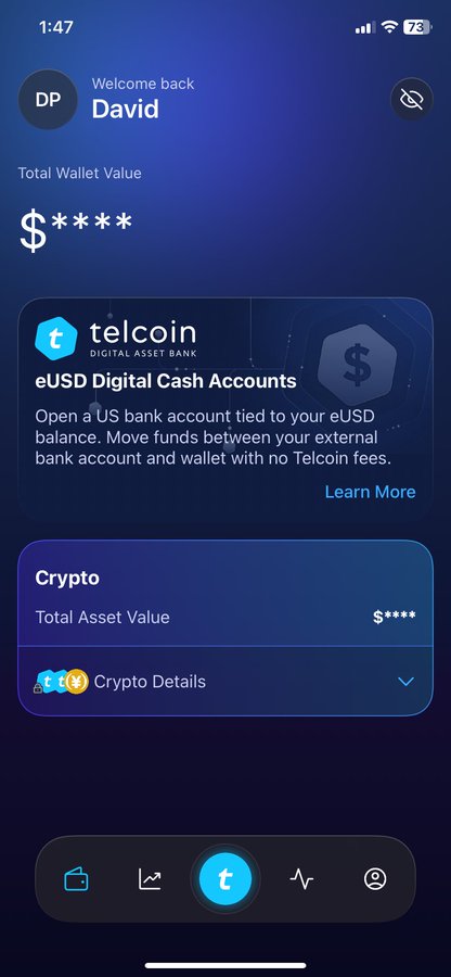 The image shows a phone screen with a blue background, displaying information about a cryptocurrency called TEL coin. The screen also includes a chat window where two people are having a conversation. One person is named David, and they seem to be discussing something related to the TEL coin or its features.
