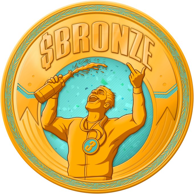 A circular gold-and-turquoise illustrated emblem features a shirtless man holding a bottle and raising one hand. Large curved text across the top reads “$BRONZE.”