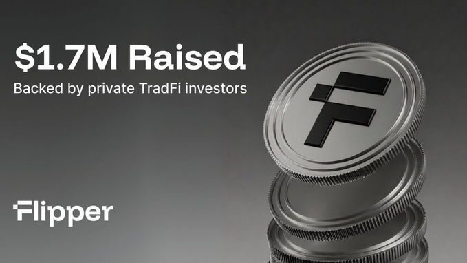 A sleek promotional graphic featuring a stacked silver coin embossed with the "F" logo, announcing that Flipper has raised $1.7M from private TradFi investors, directly highlighting the funding milestone mentioned in the Solana testnet airdrop post.