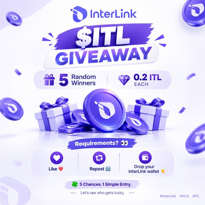 A promotional graphic for an InterLink $ITL giveaway featuring 5 random winners receiving 0.2 ITL each, with requirements to like, repost, and drop your InterLink wallet.