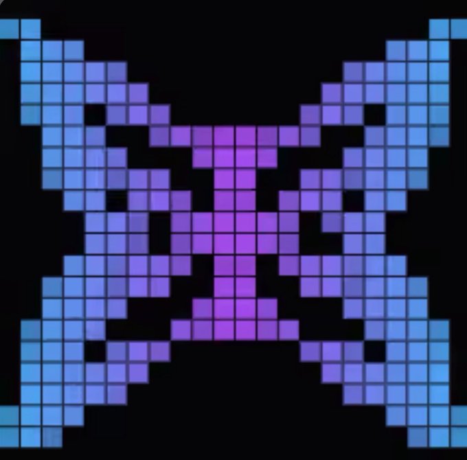 A pixel art design featuring a symmetrical pattern of purple and blue squares resembling a stylized butterfly or insect on a black background.