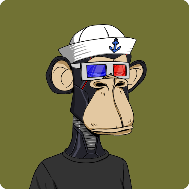 A digital illustration of Bored Ape #2783, featuring a dark-furred ape wearing a white sailor hat with a blue anchor emblem and red-blue 3D glasses, set against an olive green background. The post details the NFT's purchase for 12.98 ETH, with links to Etherscan and OpenSea.