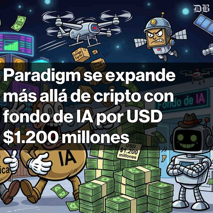 A cartoon illustration showing drones, satellites, robots, and stacks of money with Spanish text overlay reading 'Paradigm se expande más allá de cripto con fondo de IA por USD $1.200 millones', with a 'DH' logo in the corner.