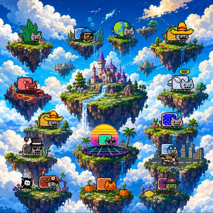 A colorful pixel art scene featuring multiple floating islands in a blue sky, each showcasing different themed cat characters, with a castle on the central island and various settings like a beach and Halloween-themed areas.