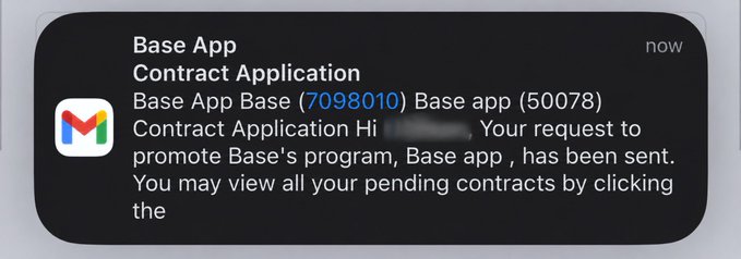This image is a screenshot of an email sent by the base app application. The email shows that there has been a new message from the Base App. It displays the words "Base App Contract Application" at the top, with some text in between, and ends with another message informing the user about the new message.